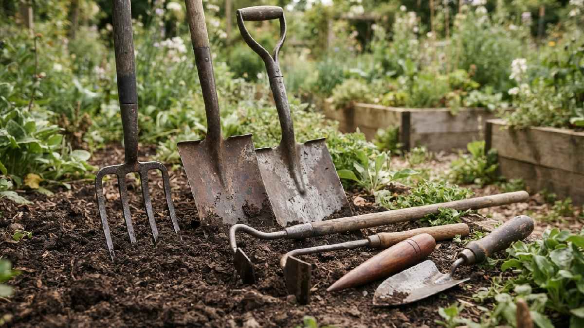 Antique forks, spades, hoes, dibbers, and trowels.