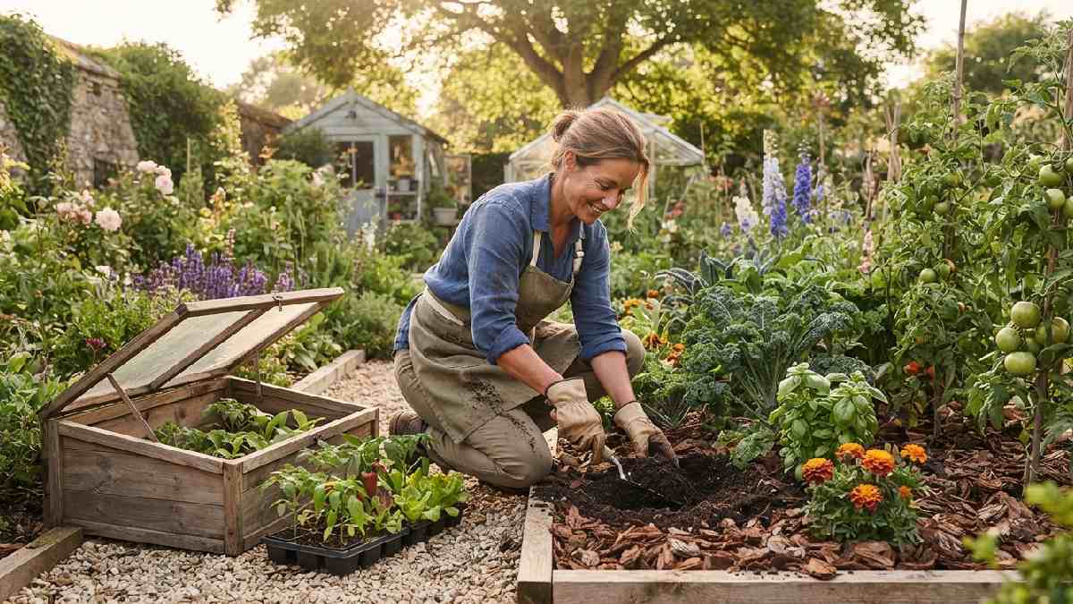 Gardener performing essential garden care tasks.