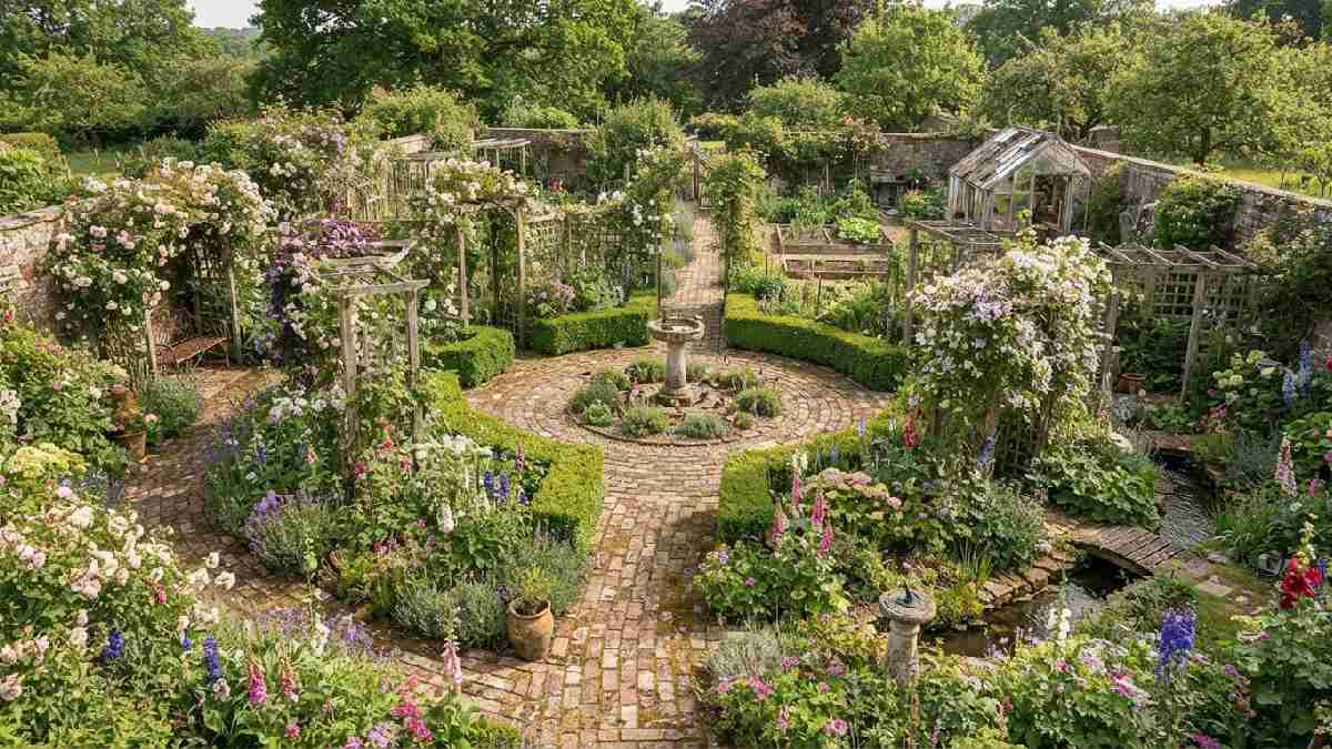 Vintage garden layout with curved paths and garden rooms.
