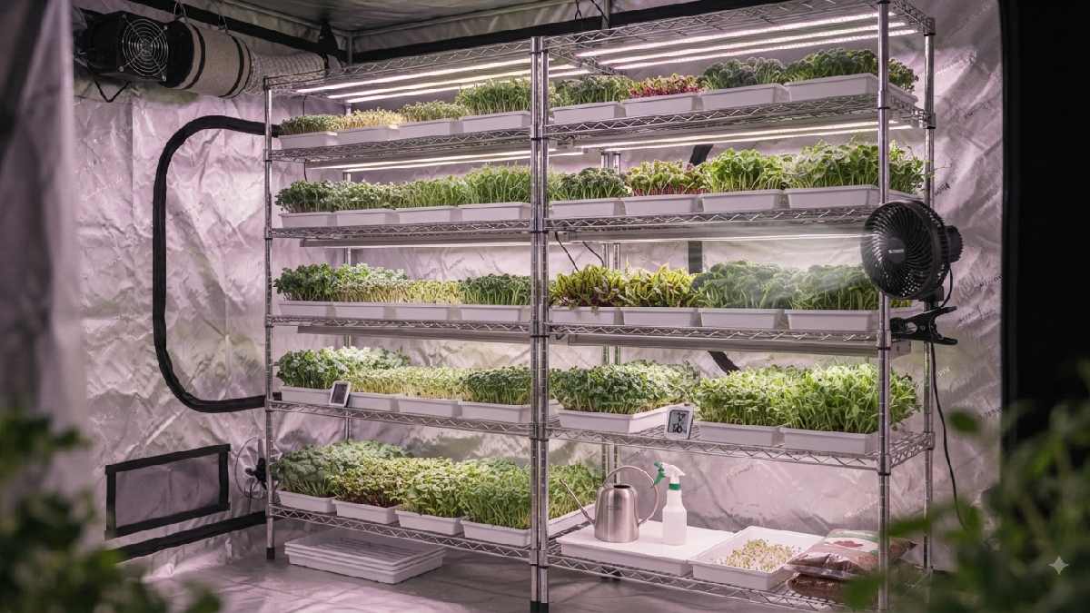 Clip fan circulating air inside a microgreen grow tent.
