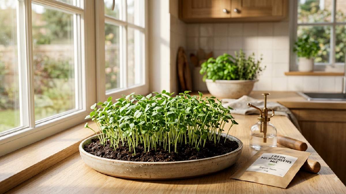 Fresh microgreens growing at home on a sunny kitchen windowsill.