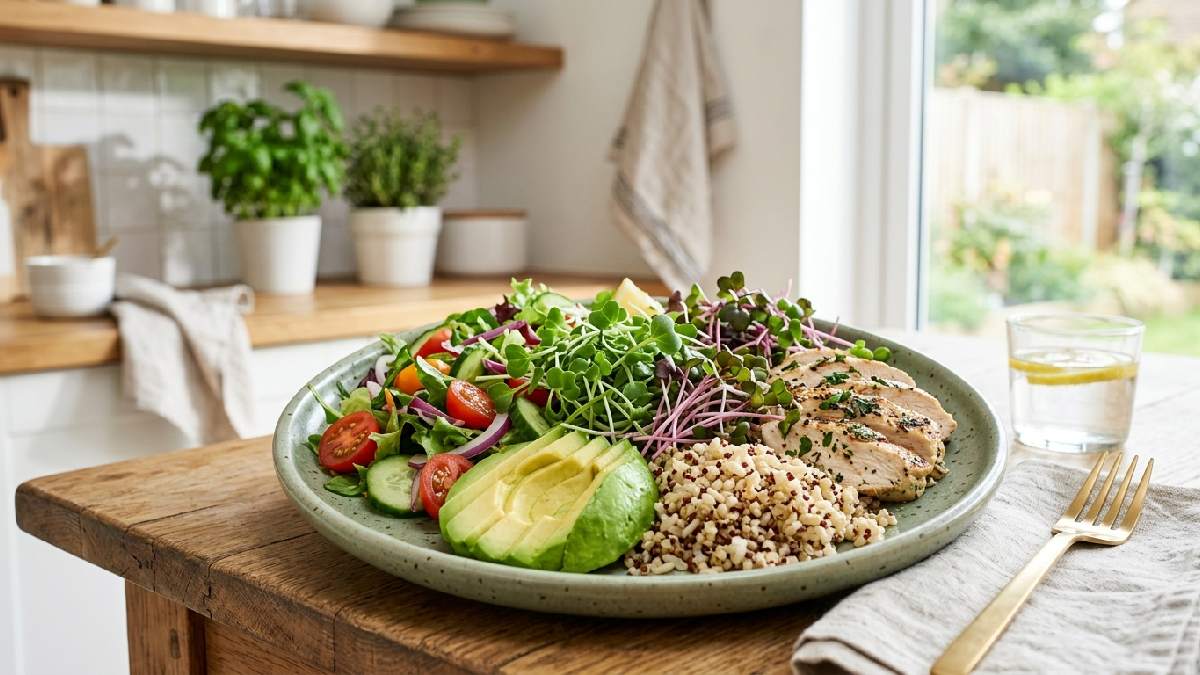 Healthy meal topped with fresh microgreens for everyday nutrition.