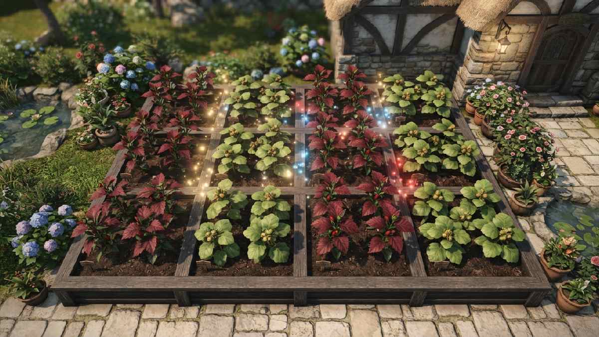 FFXIV garden beds arranged for successful seed crossbreeding.