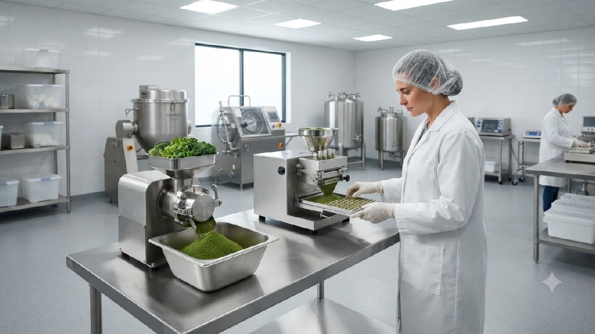 Microgreens being processed into supplement capsules.