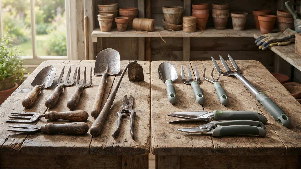 Antique and modern gardening tools compared side by side.