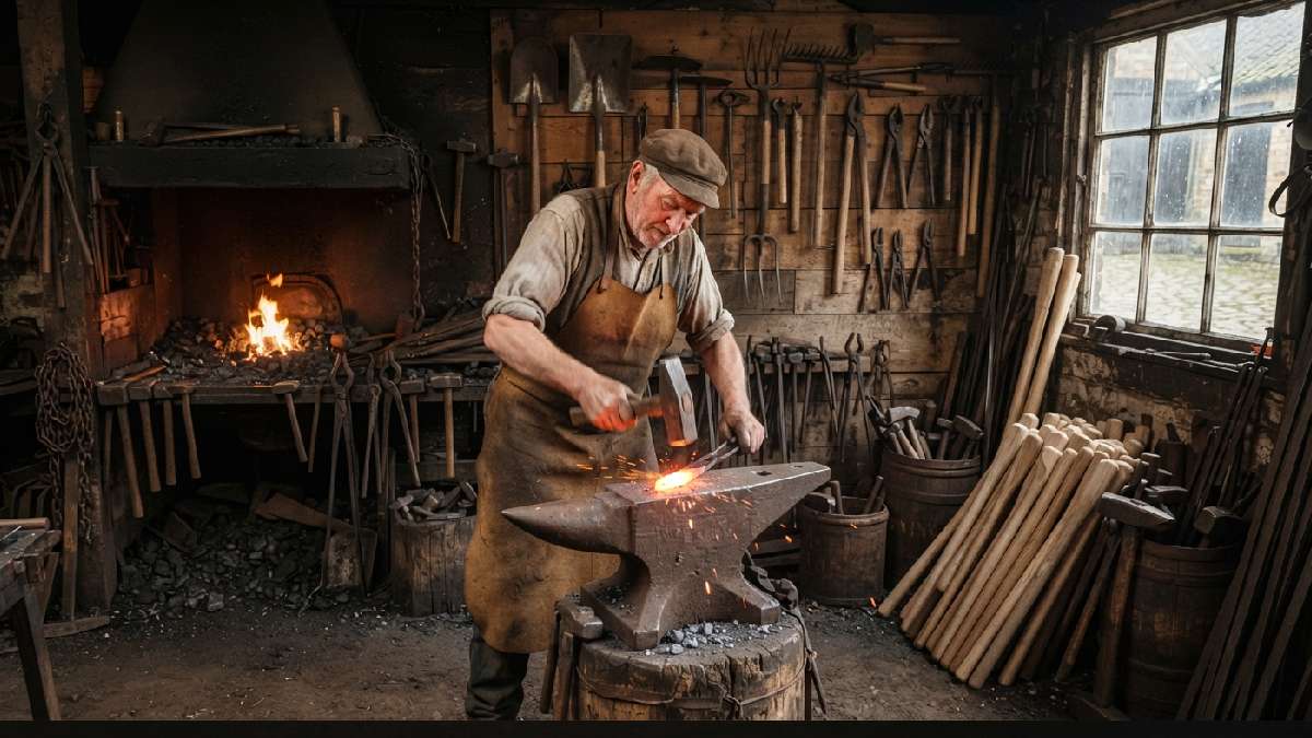 Blacksmith traditionally forging an antique garden tool.
