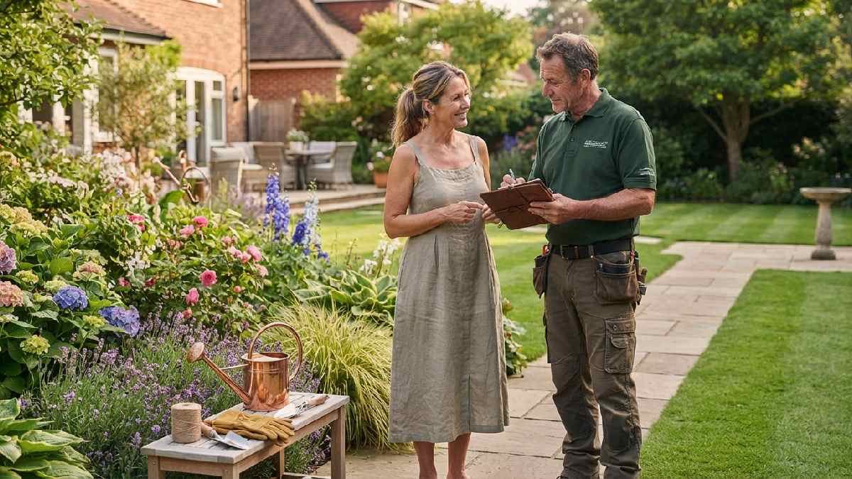 Homeowner discussing garden care with a professional gardener.
