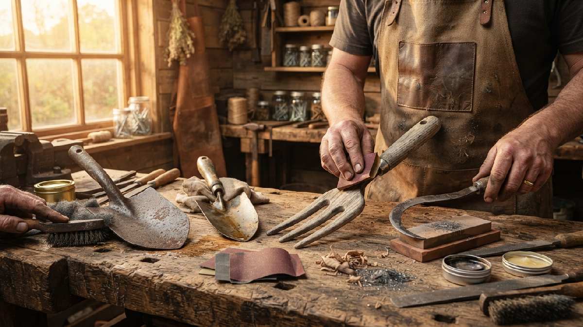 Gardener restoring and maintaining old gardening tools.