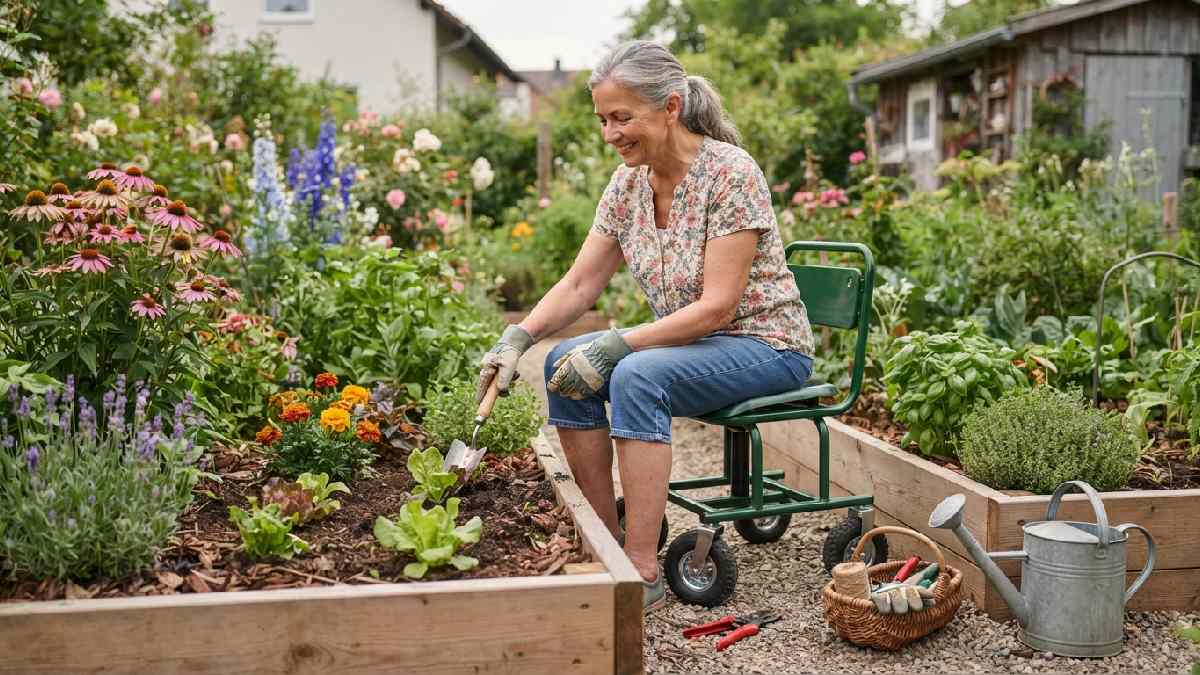 Gardener using a chair correctly for garden tasks.