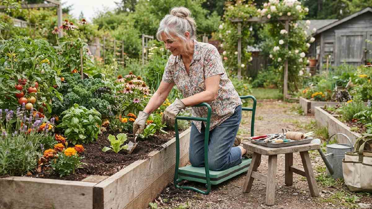 Kneeler seat and garden stool beside a raised bed.