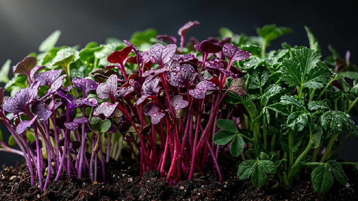 Colorful red cabbage and purple microgreens rich in natural antioxidants.