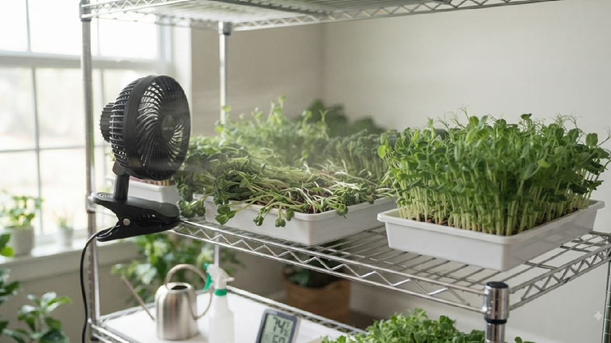 Microgreens damaged by excessive fan airflow.