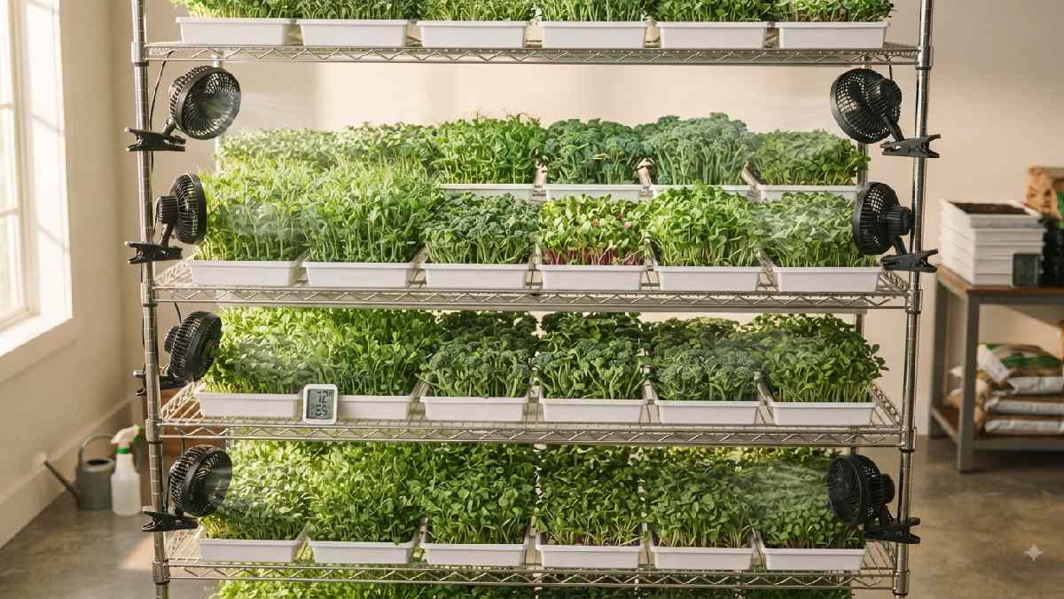 Fans providing airflow across multi-tier microgreen shelves.