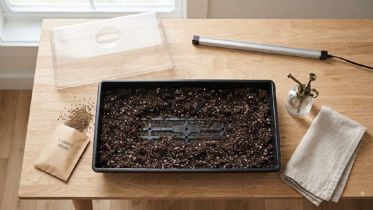 Supplies needed to grow carrot microgreens.