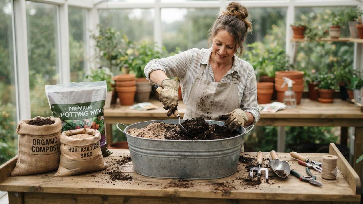Preparing a well-draining soil mix for saffron farming.