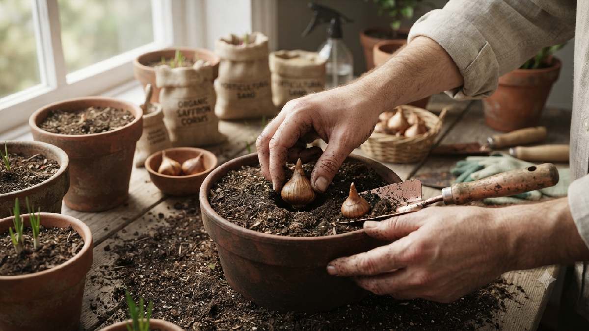 Planting saffron corms correctly in indoor containers.