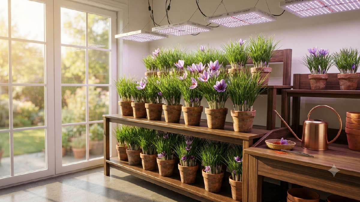 Proper lighting and watering for indoor saffron plants.