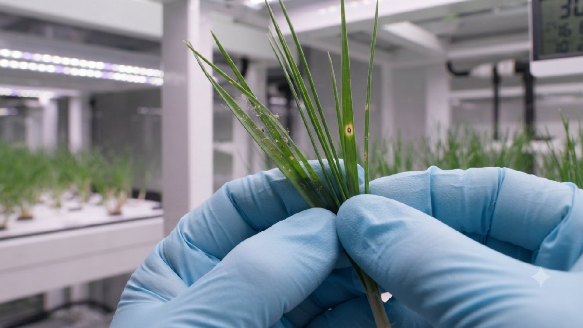 Inspecting indoor saffron plants for pests and diseases.