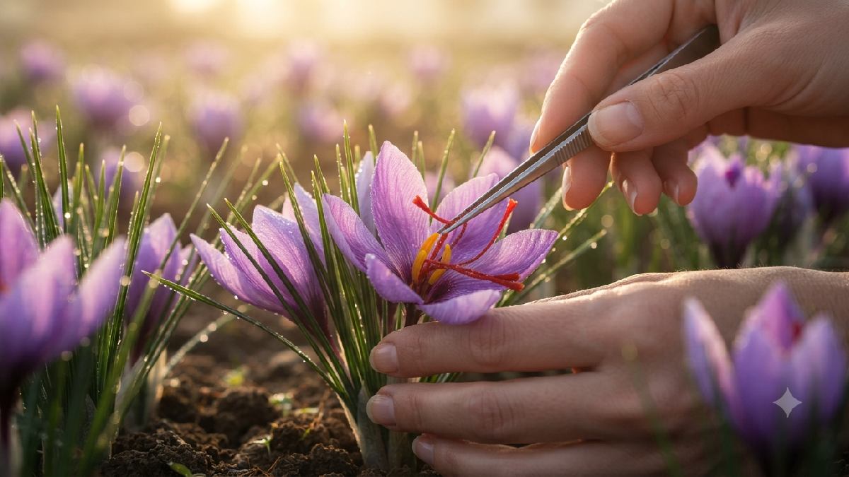 Harvesting fresh saffron threads from Crocus flowers.