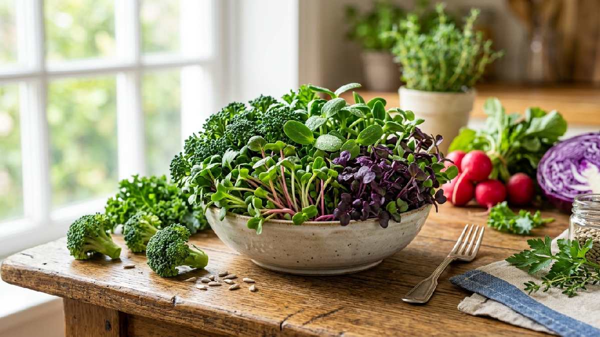 Colorful microgreens packed into a bowl for a nutrient-rich meal.