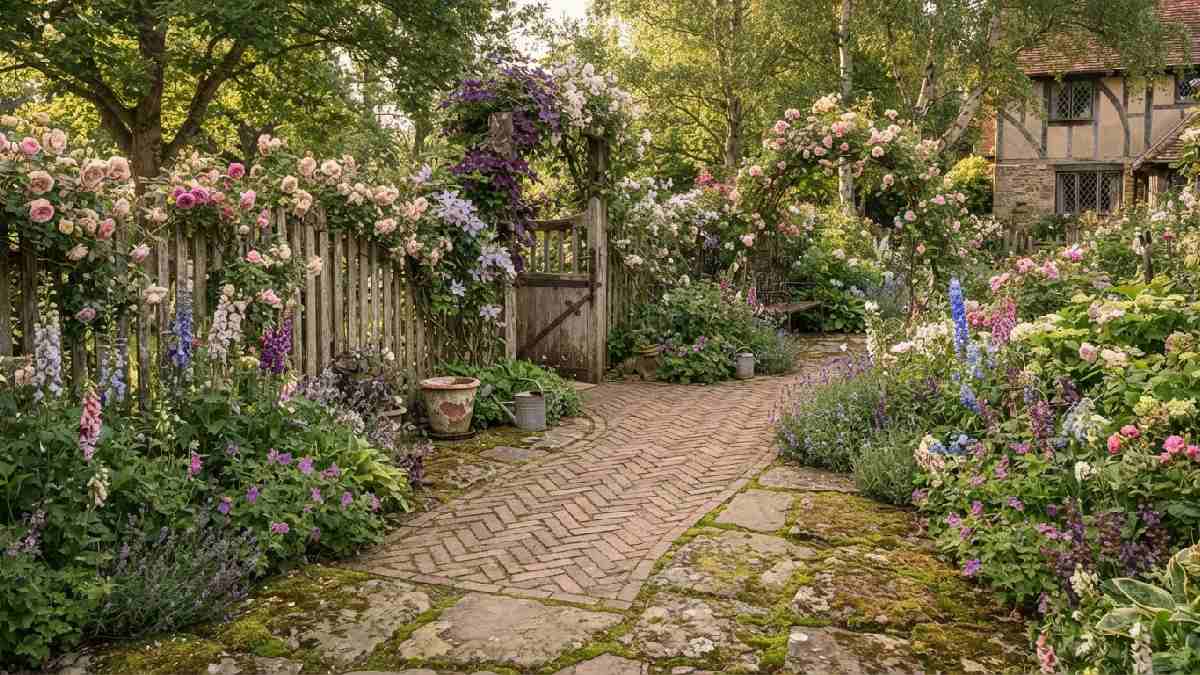 Weathered fence and brick path in a vintage garden.