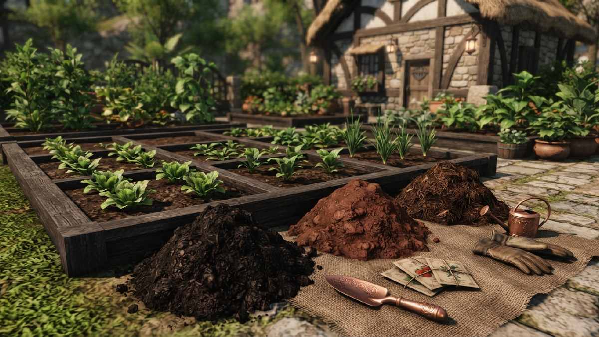 Different soil types prepared for FFXIV gardening.