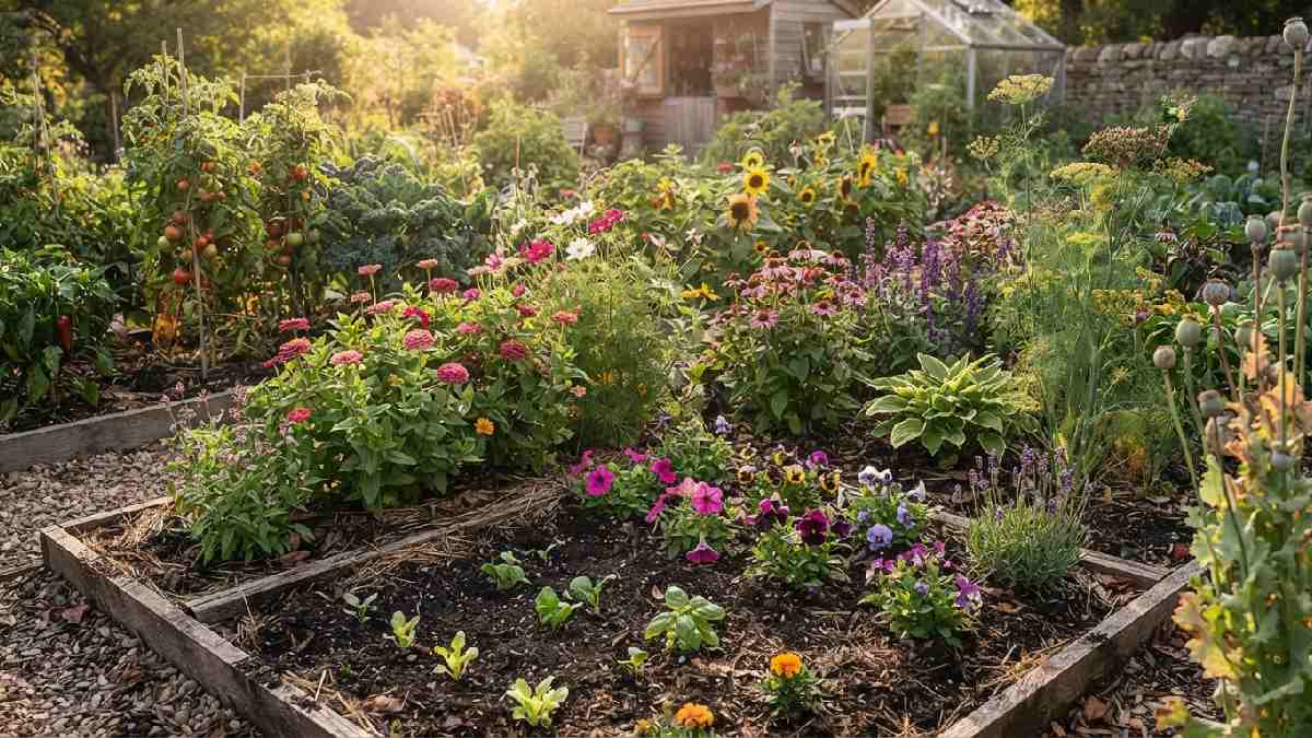 Garden plants shown at different growth stages.
