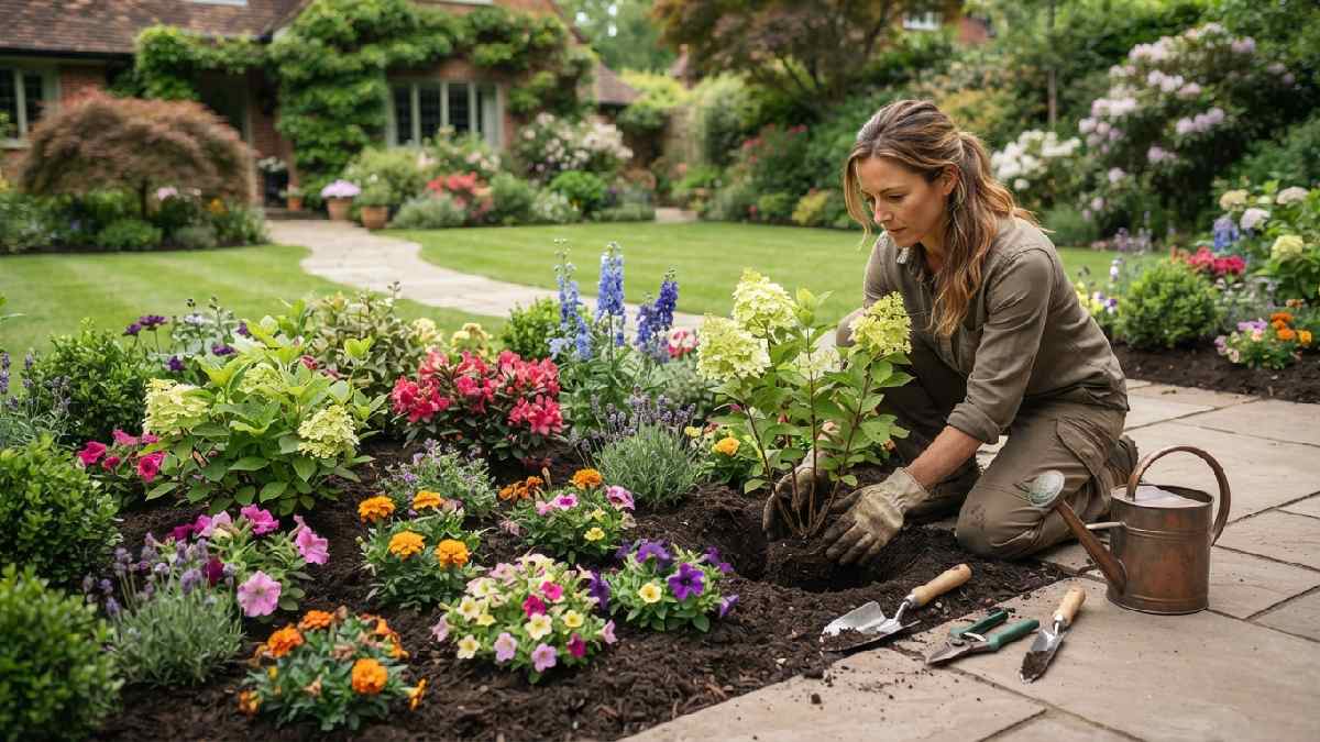 Gardener planting flowers and shrubs in a designed garden.