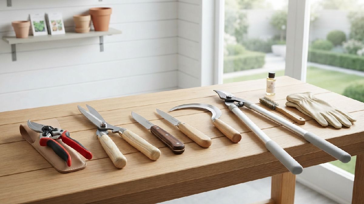 Antique pruning shears and traditional cutting tools.