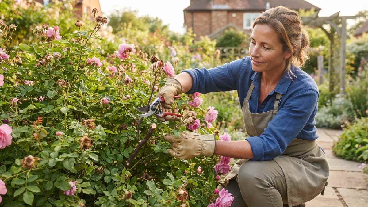 Gardener pruning and trimming healthy plants.