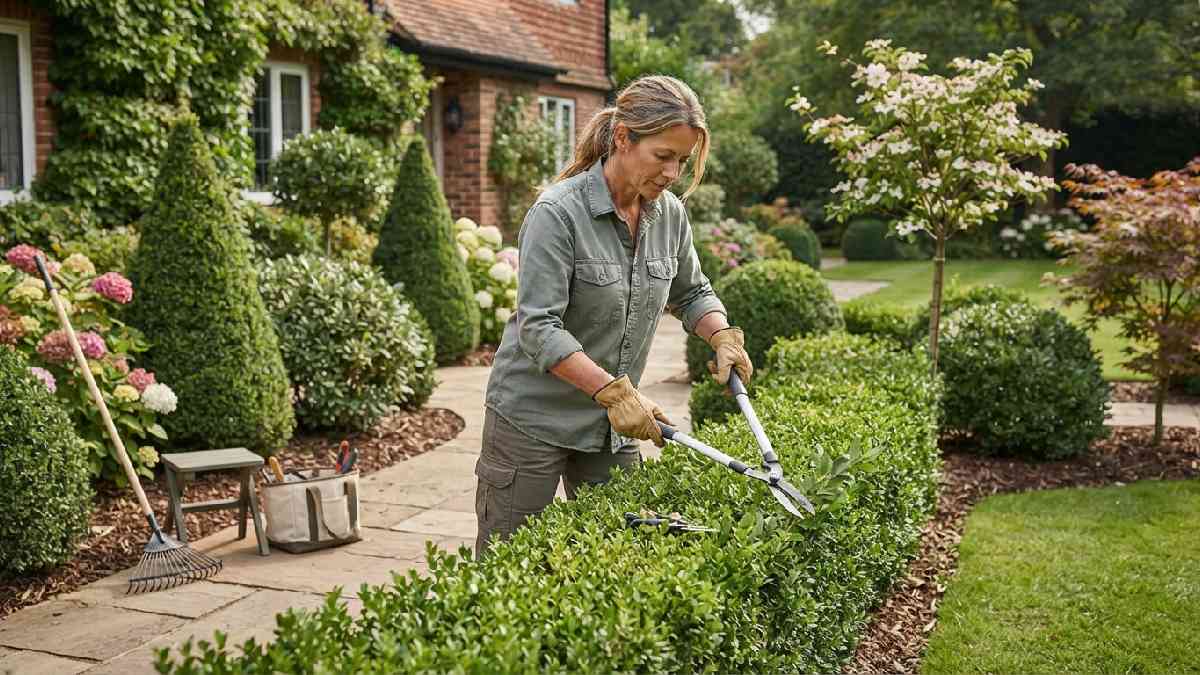 Gardener professionally pruning a garden hedge.
