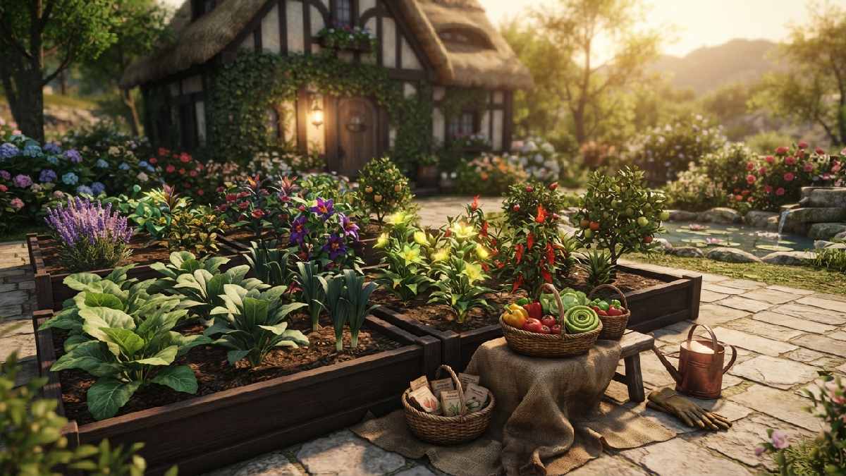 Rare crops and crossbred plants growing in an FFXIV garden.