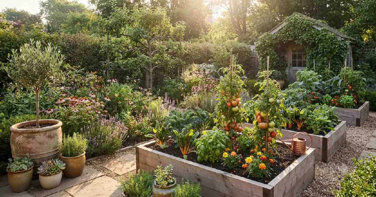 Garden site with sunlight, space, and drainage.