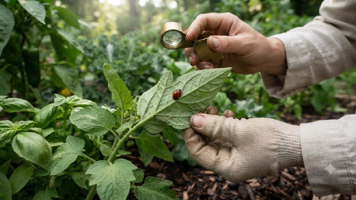 Inspecting plants for garden pests and disease.