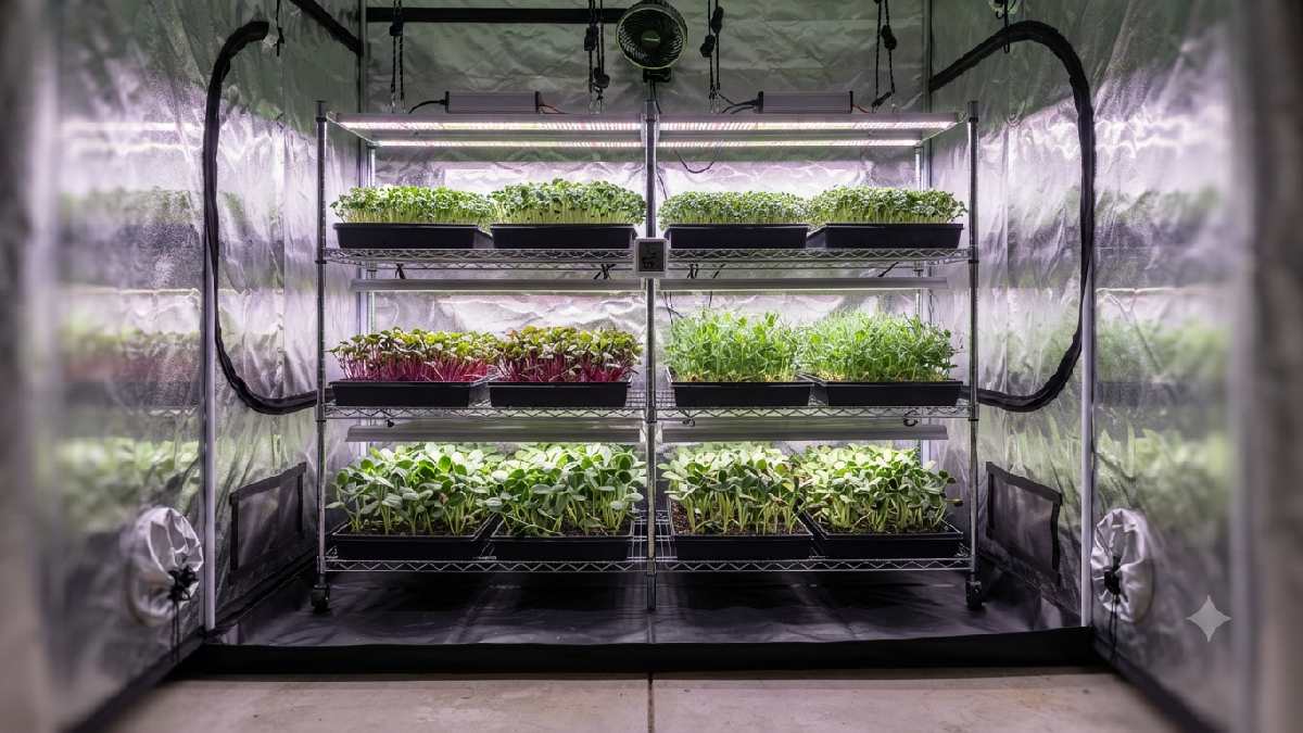 Organized shelving setup inside a microgreen grow tent.