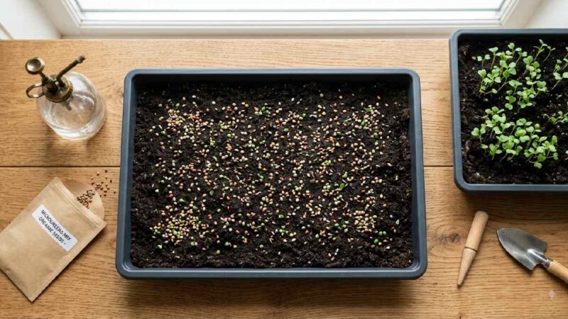 Simple home setup for planting and growing microgreens.