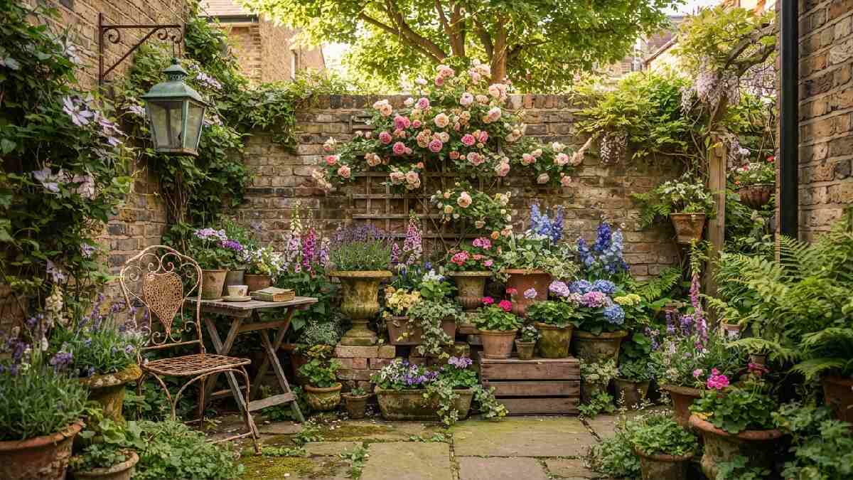 Small vintage garden with containers and a climbing trellis.