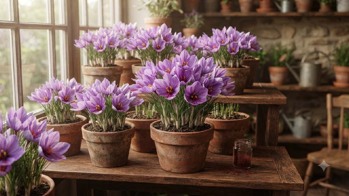 Indoor Crocus sativus plants growing successfully inside pots.