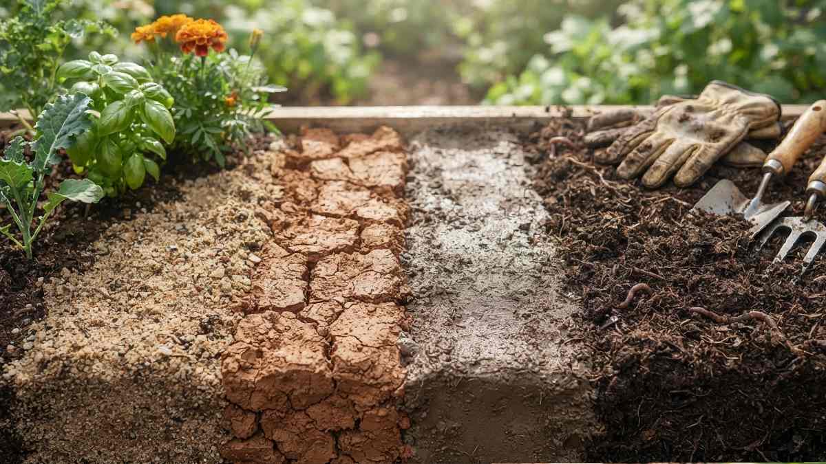 Sandy, clay, silty, and loamy garden soil textures.
