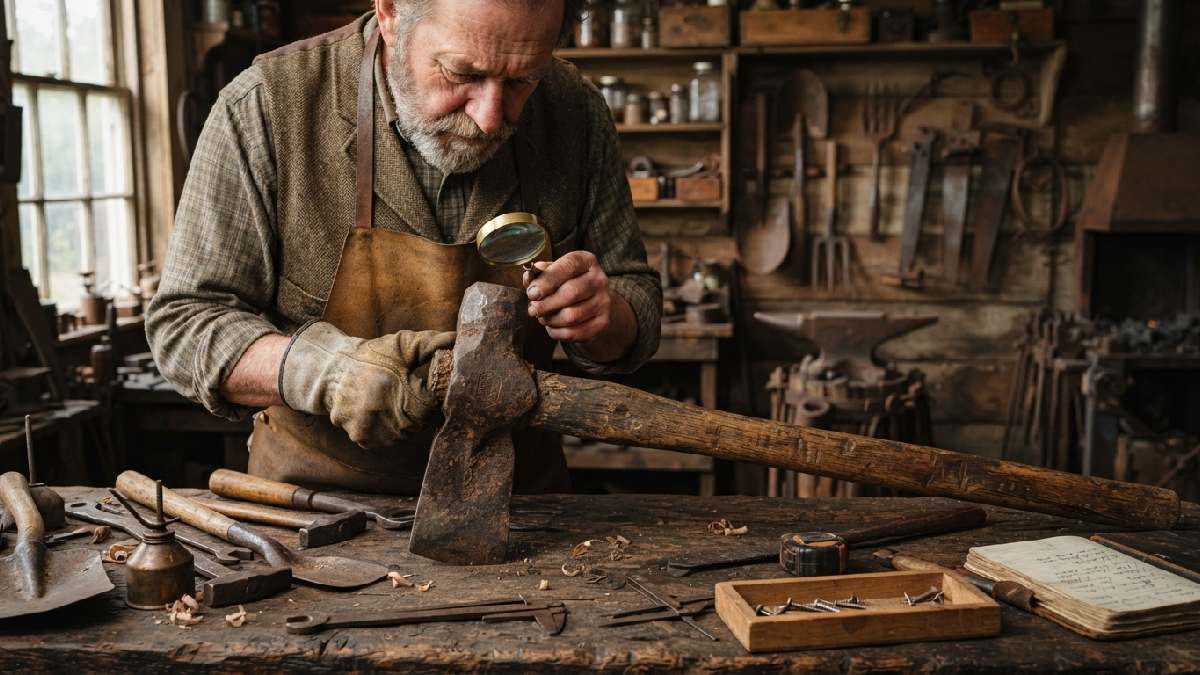 Collector examining an authentic old clay mule tool.