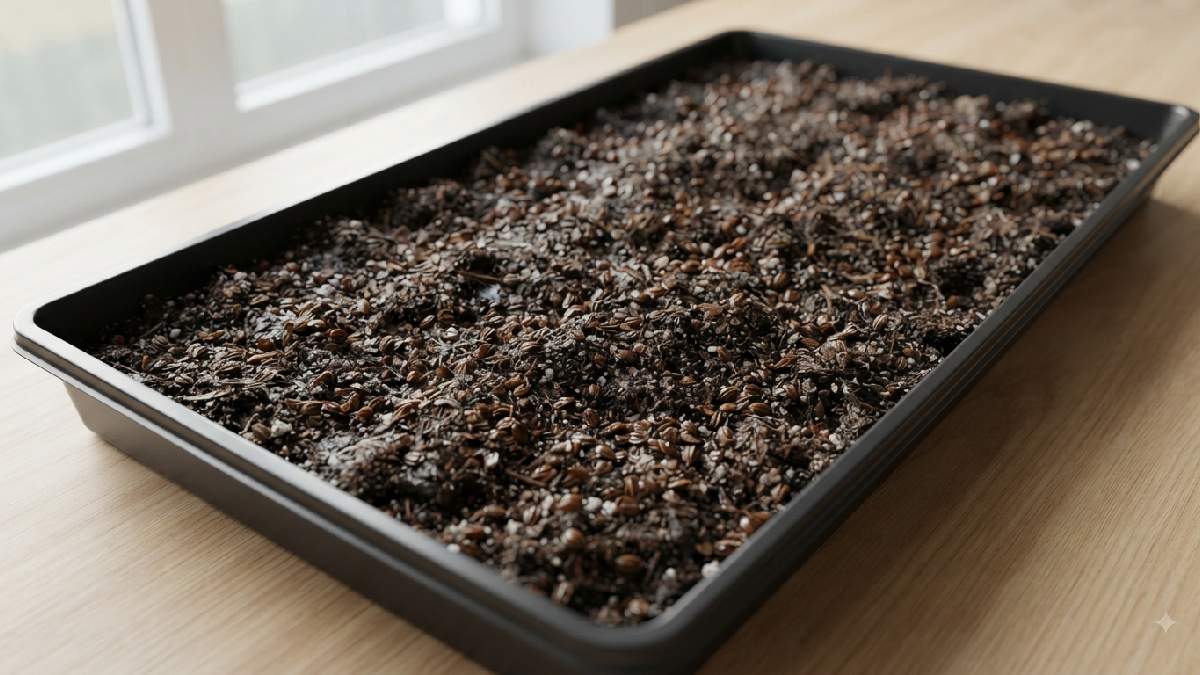 Preparing a tray with soil and carrot seeds.