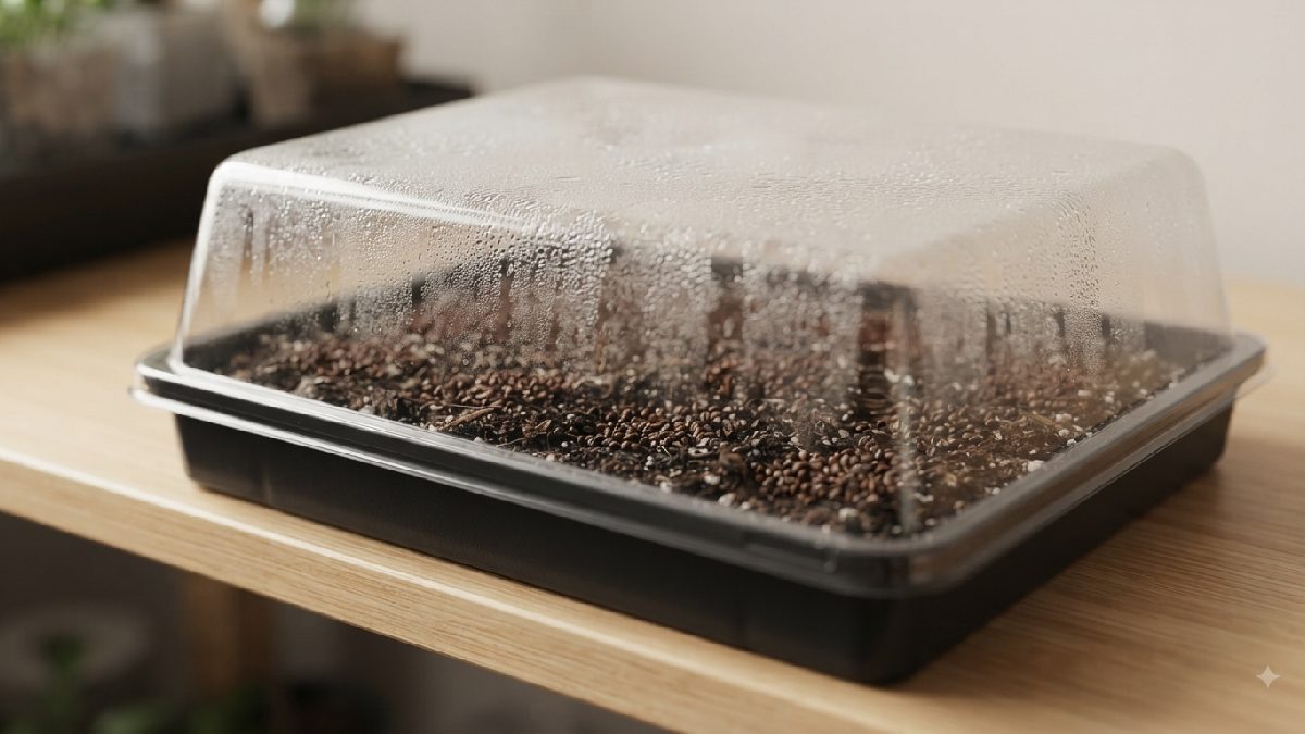 Carrot microgreen tray covered during germination.