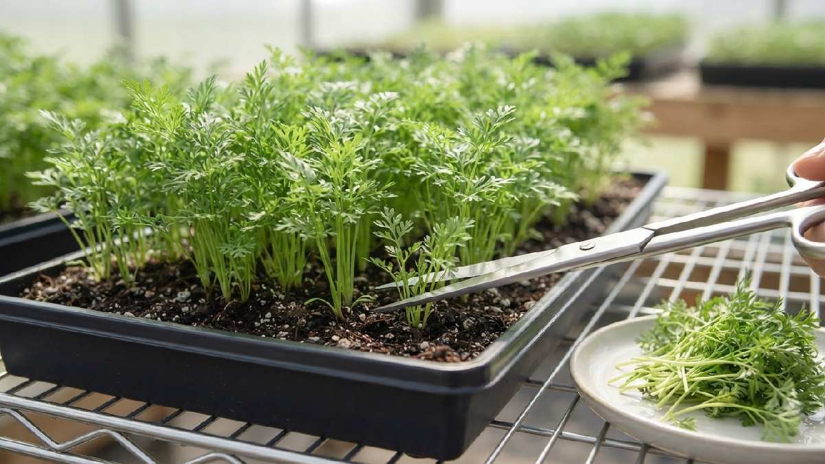Harvesting mature carrot microgreens.