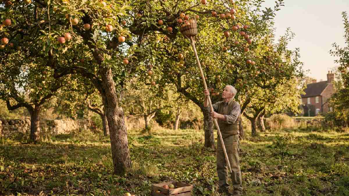 Old wooden apple picker reaching fruit in an orchard.