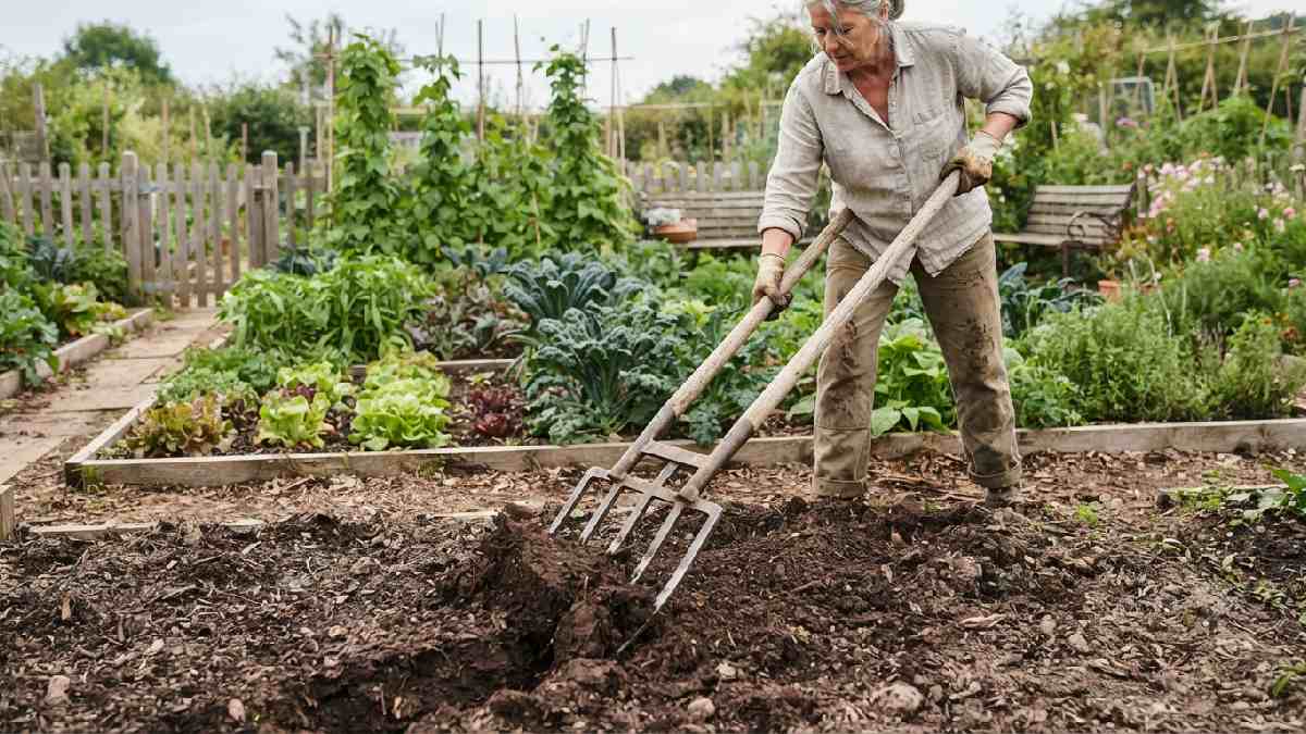 Traditional broadfork loosening deep garden soil.