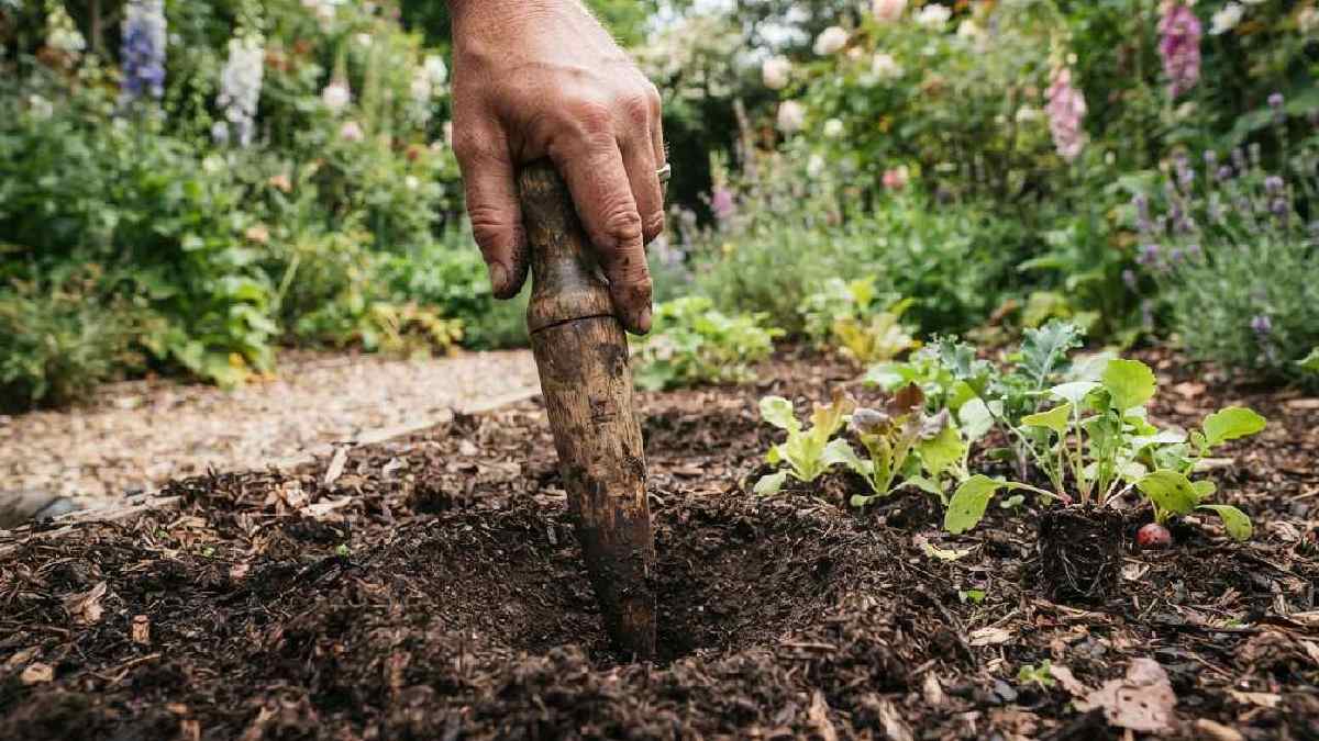 Old wooden dibber making a planting hole in garden soil.