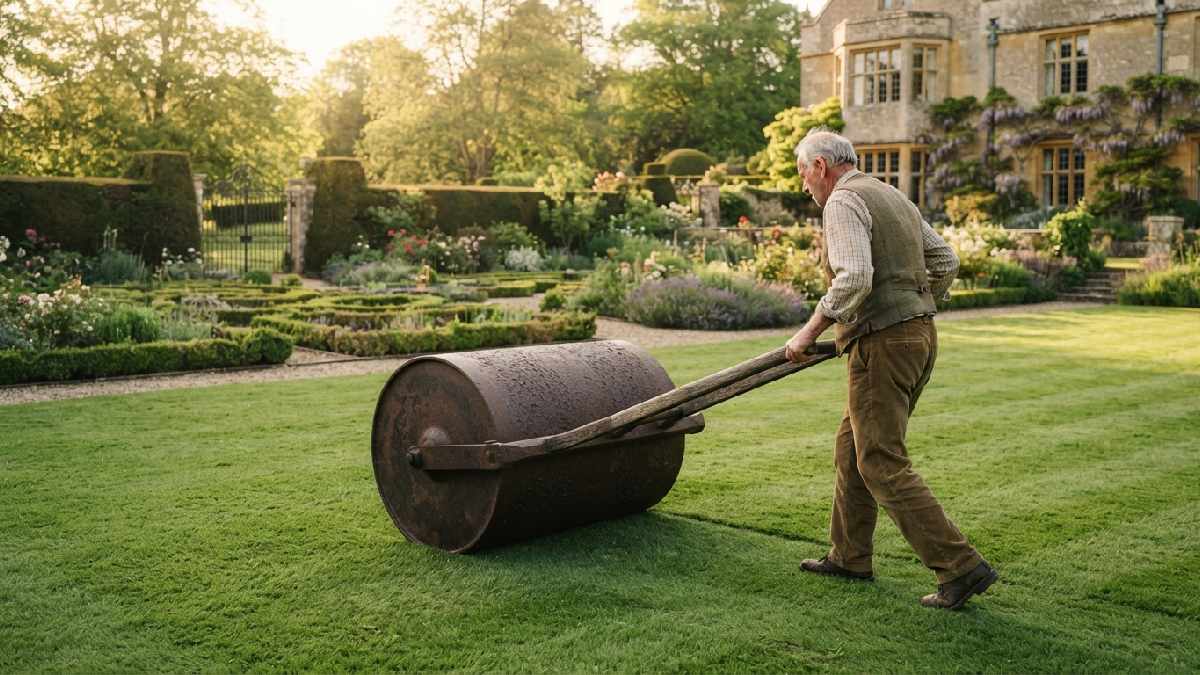 Traditional garden roller smoothing an old lawn.
