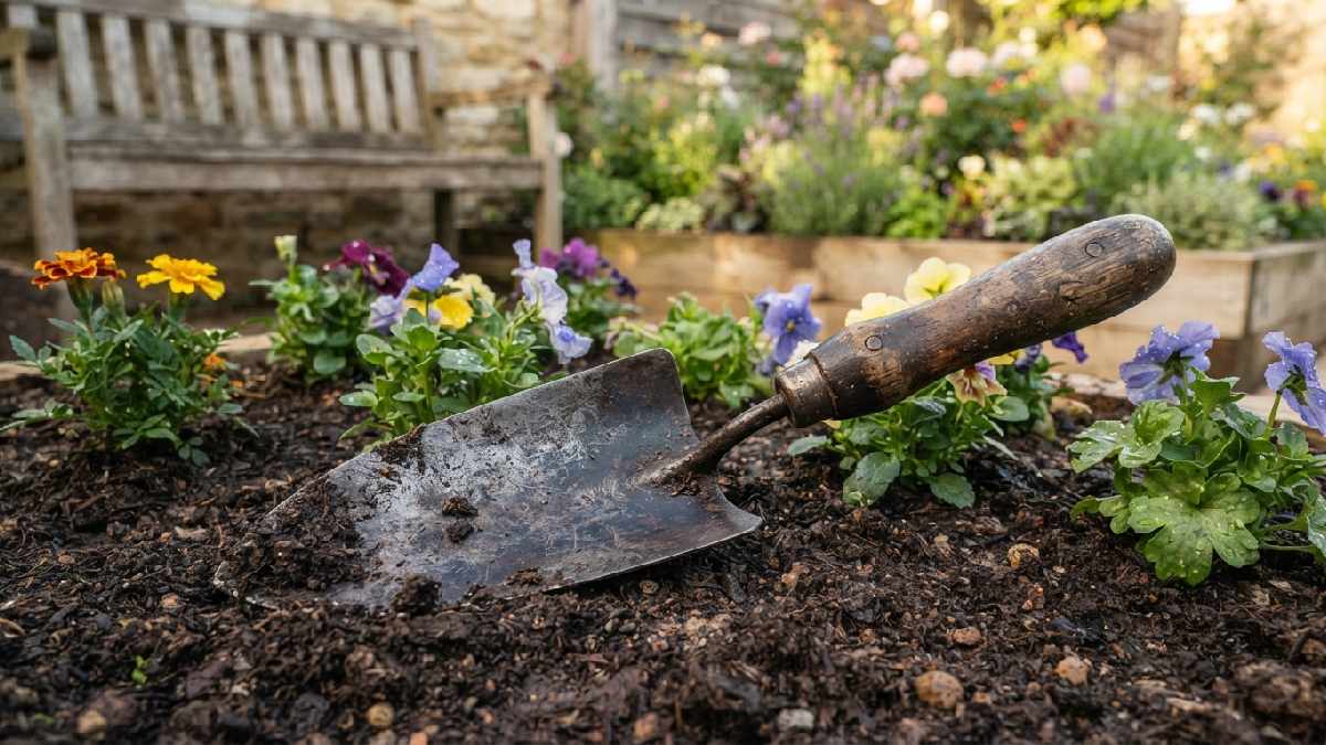Old-style garden trowel beside freshly planted flowers.