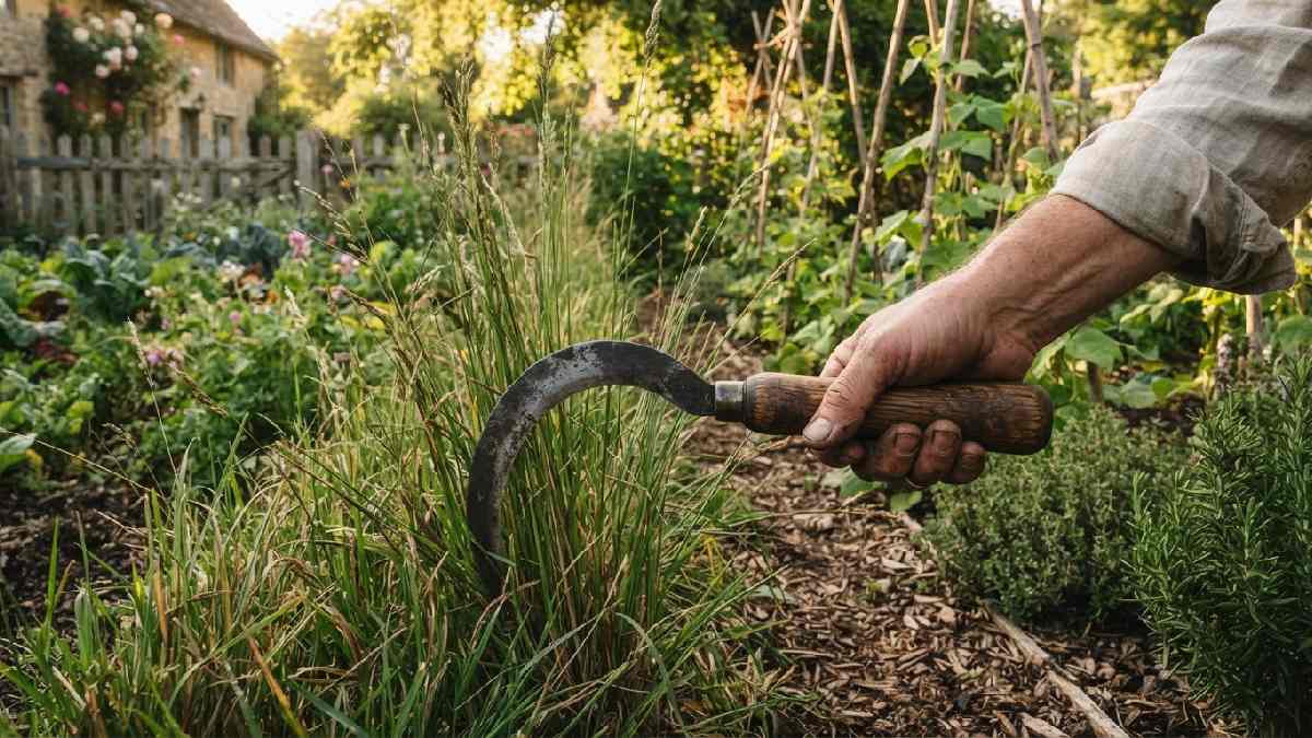 Old hand sickle cutting grass near a garden.