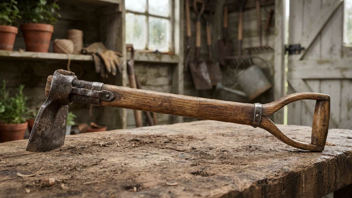 Ash wood handle and reinforced grip of an antique clay mule.